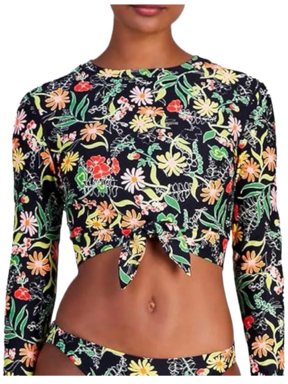 Kate Spade Rooftop Garden Floral Long Sleeve Tie Front Swim Suit Top Size Small